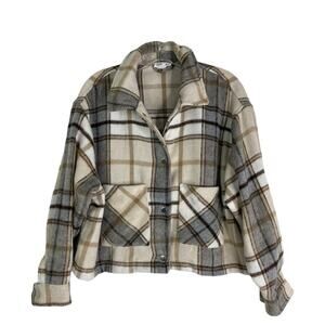 For the Republic tan grey cream plaid cropped preppy lightweight jacket large
